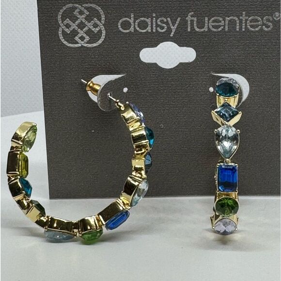 Daisy Fuentes Gold Tone Open Hoop Inside Outside Crystal Earrings 1.5 inch - Picture 8 of 8